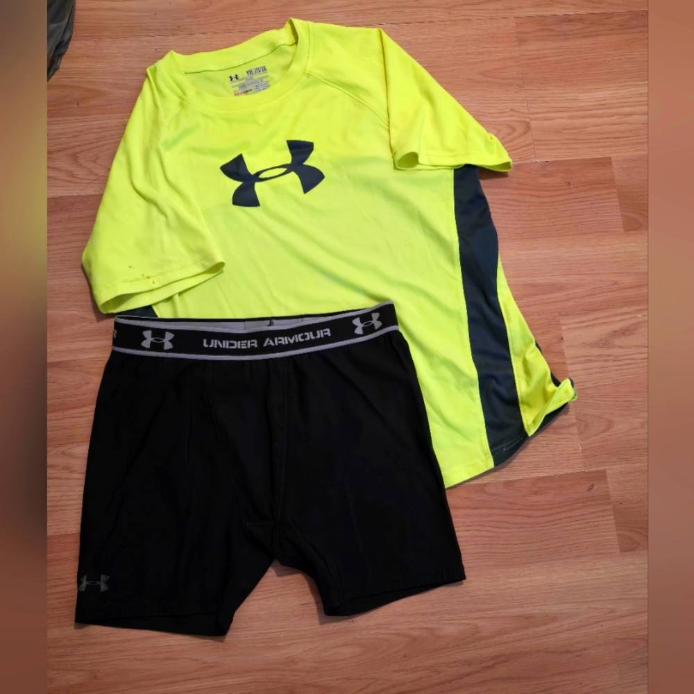 Under Armour neon yellow shirt/grey and black underwear shorts
